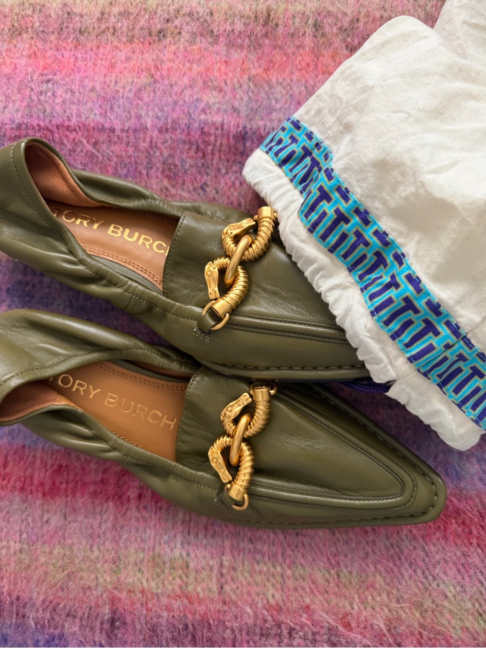 Tory Burch Olive Green Leather Loafers with Gold Chain Accent